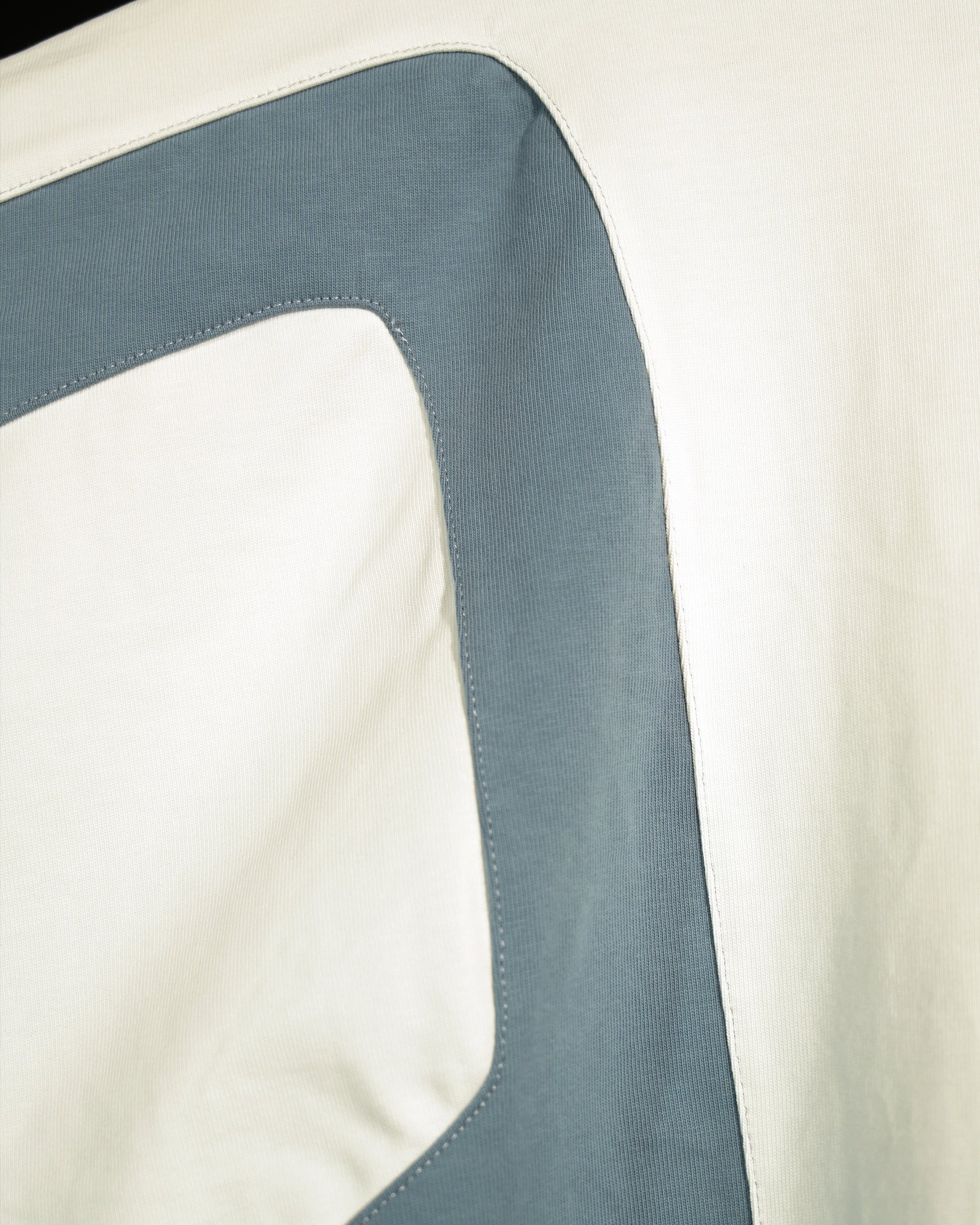 white quantum cyberpunk space tee, detail stitching