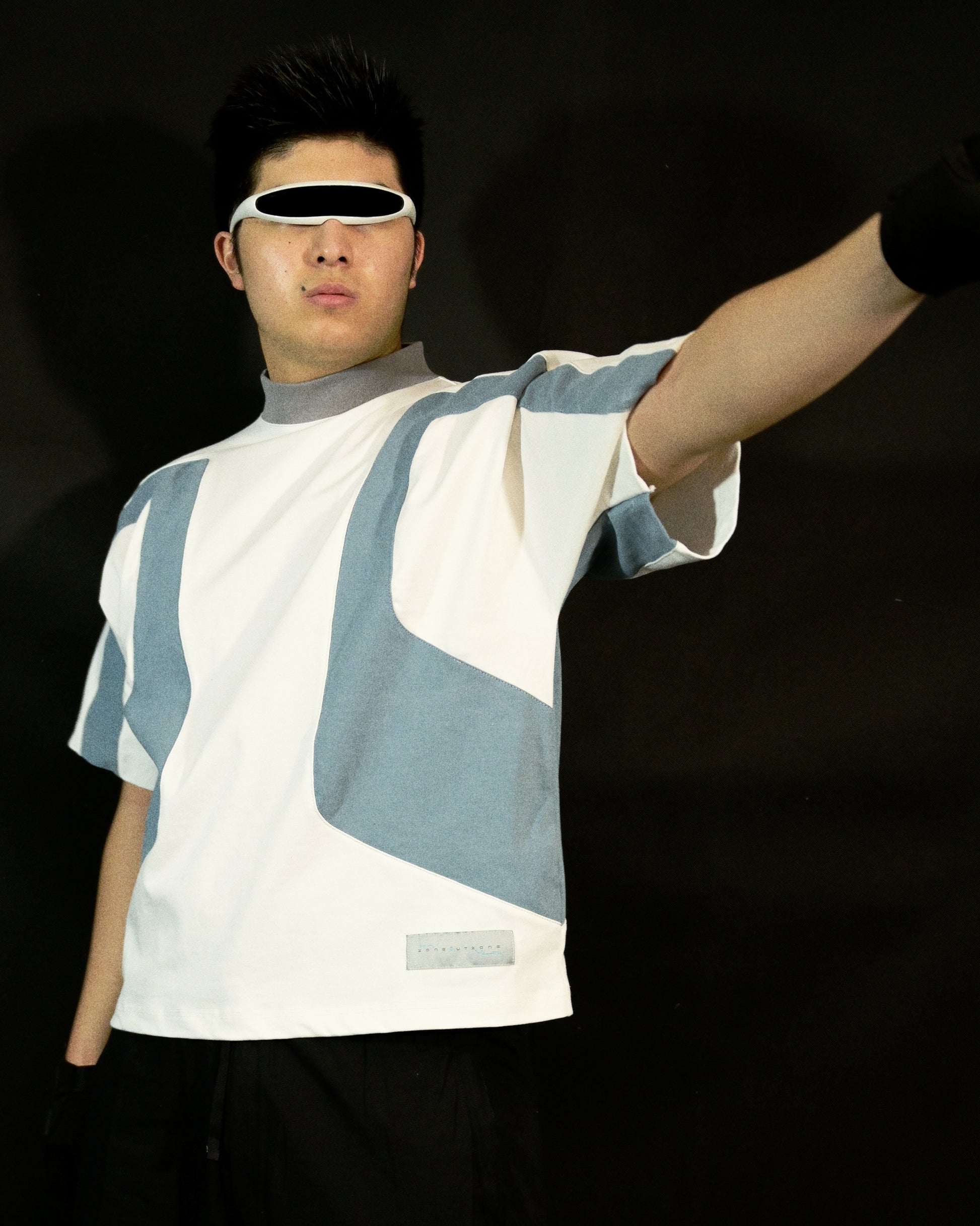 white quantum cyberpunk space tee, front model view