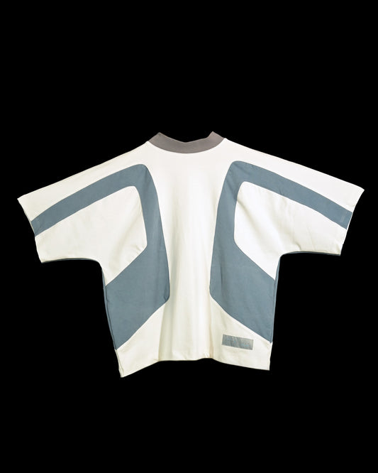 white quantum cyberpunk space tee, front view