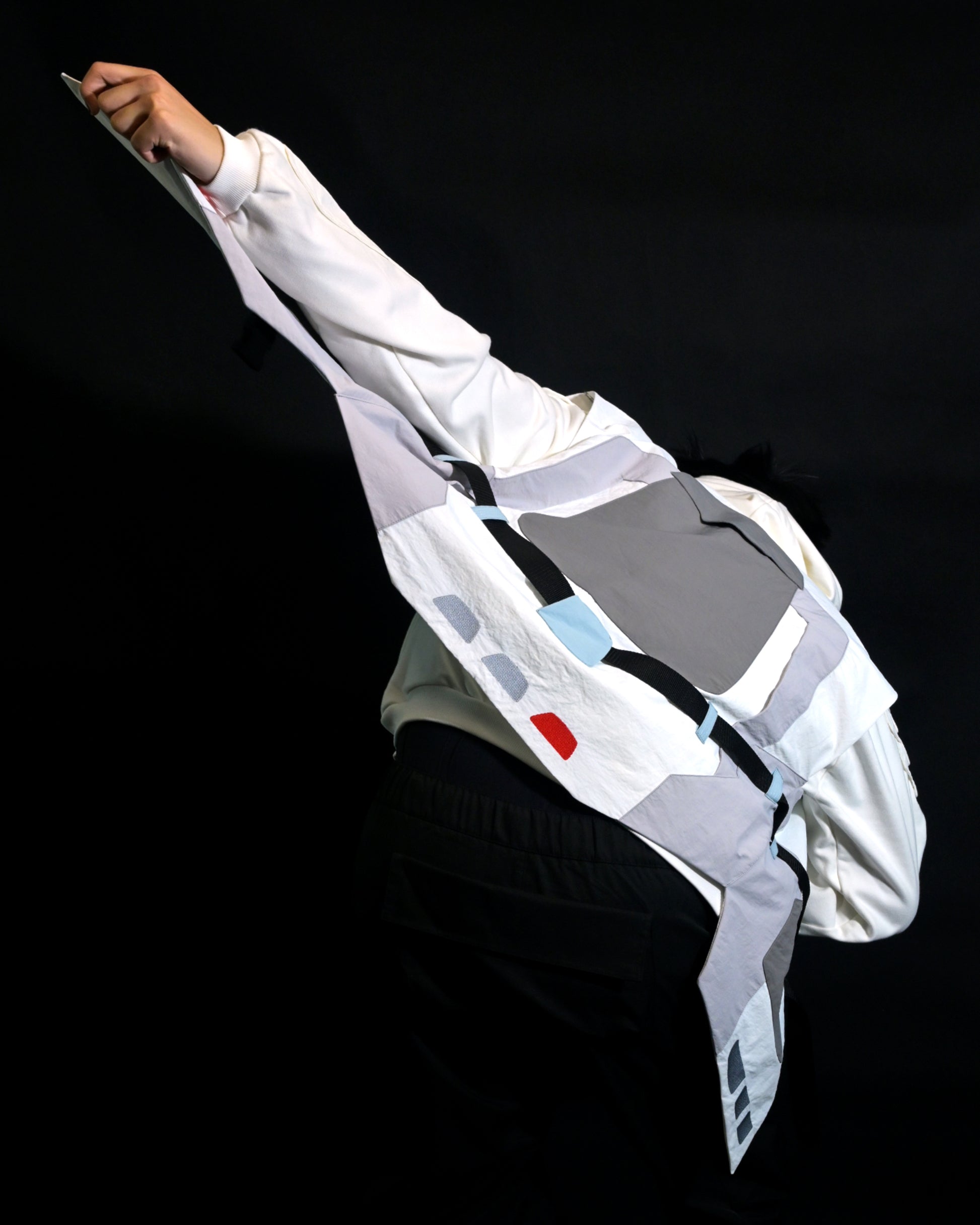 white sci-fi clothing cyberpunk techwear vest, back model view