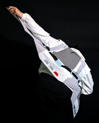 white sci-fi clothing cyberpunk techwear vest, back model view