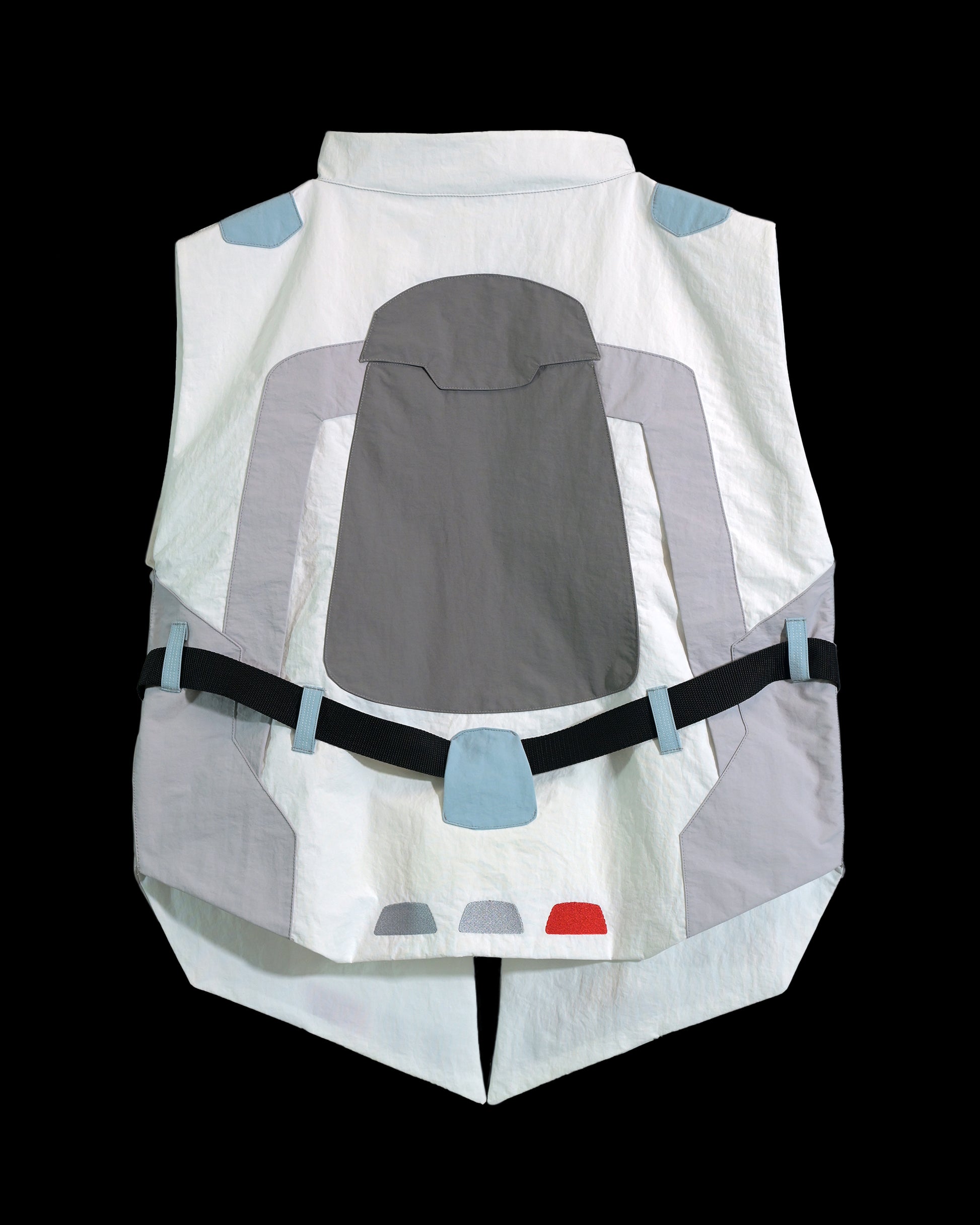 white sci-fi clothing cyberpunk techwear vest, back view