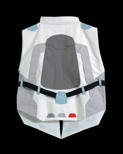 white sci-fi clothing cyberpunk techwear vest, back view