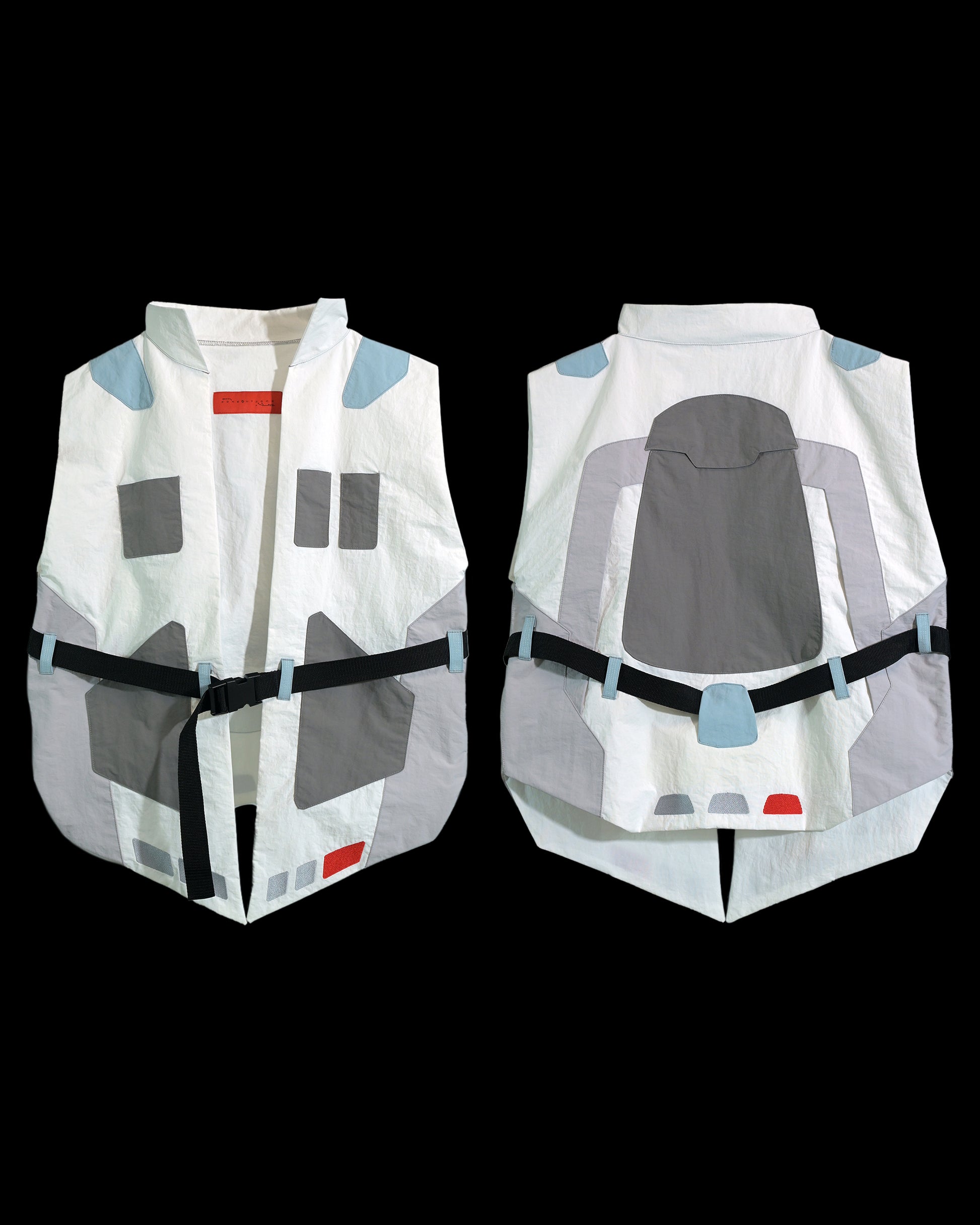 white sci-fi clothing cyberpunk techwear vest, front and back view