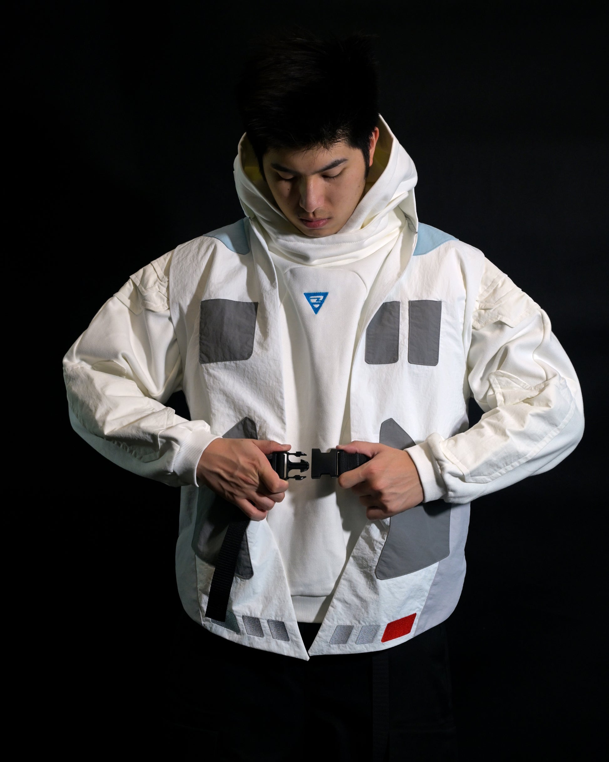 white sci-fi clothing cyberpunk techwear vest, front model view