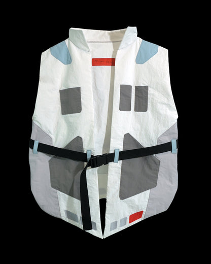 white sci-fi clothing cyberpunk techwear vest, front view