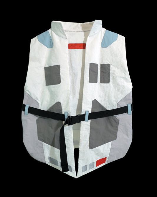 white sci-fi clothing cyberpunk techwear vest, front view