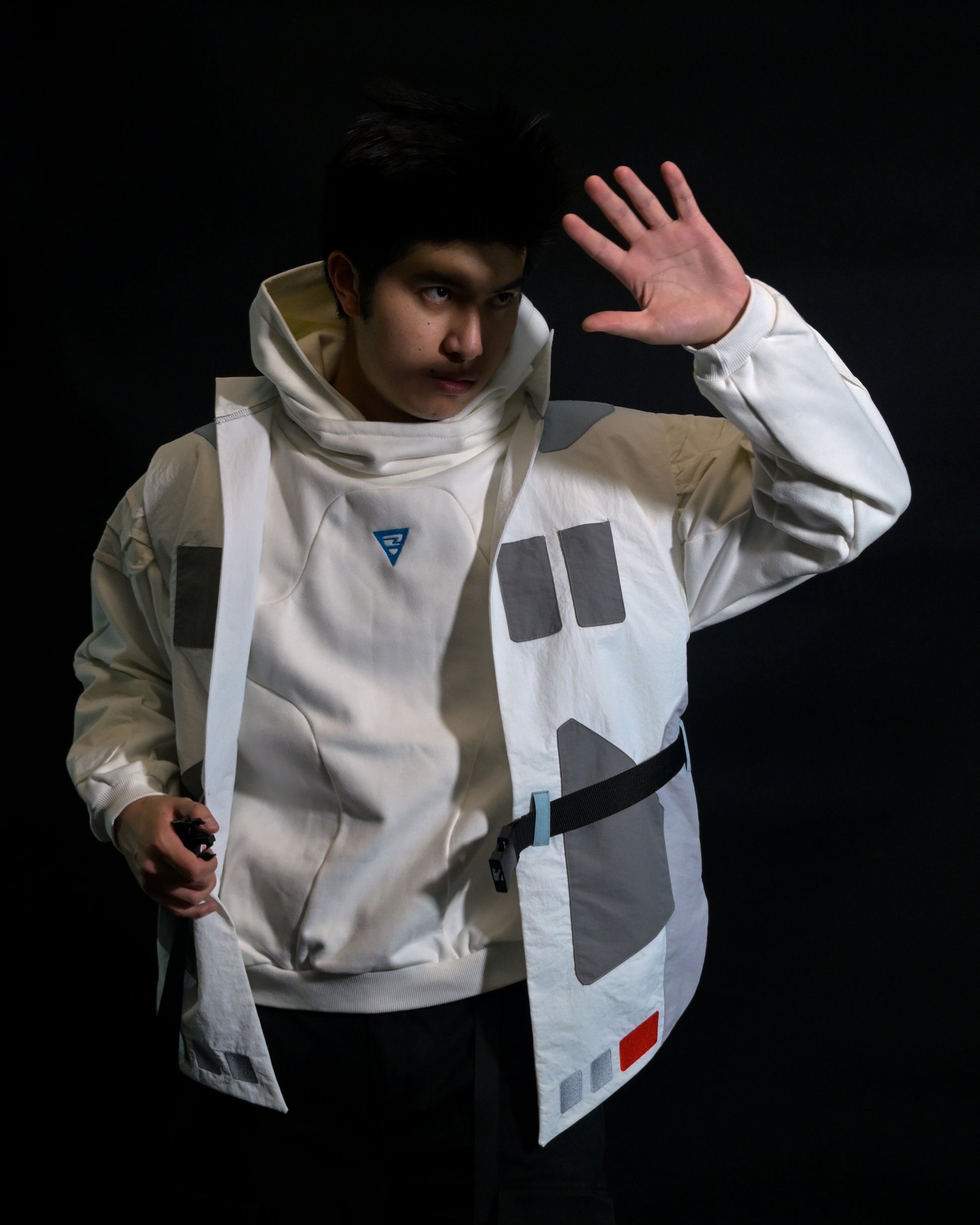 white sci-fi clothing cyberpunk techwear vest, model front