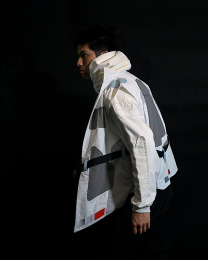 white sci-fi clothing cyberpunk techwear vest, side model view