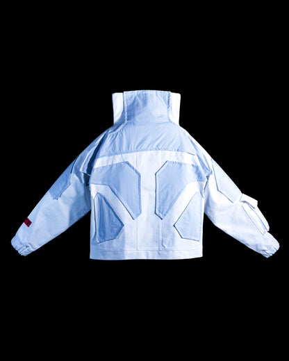 white ski ice planet sci-fi futuristic cyberpunk jacket, back view
