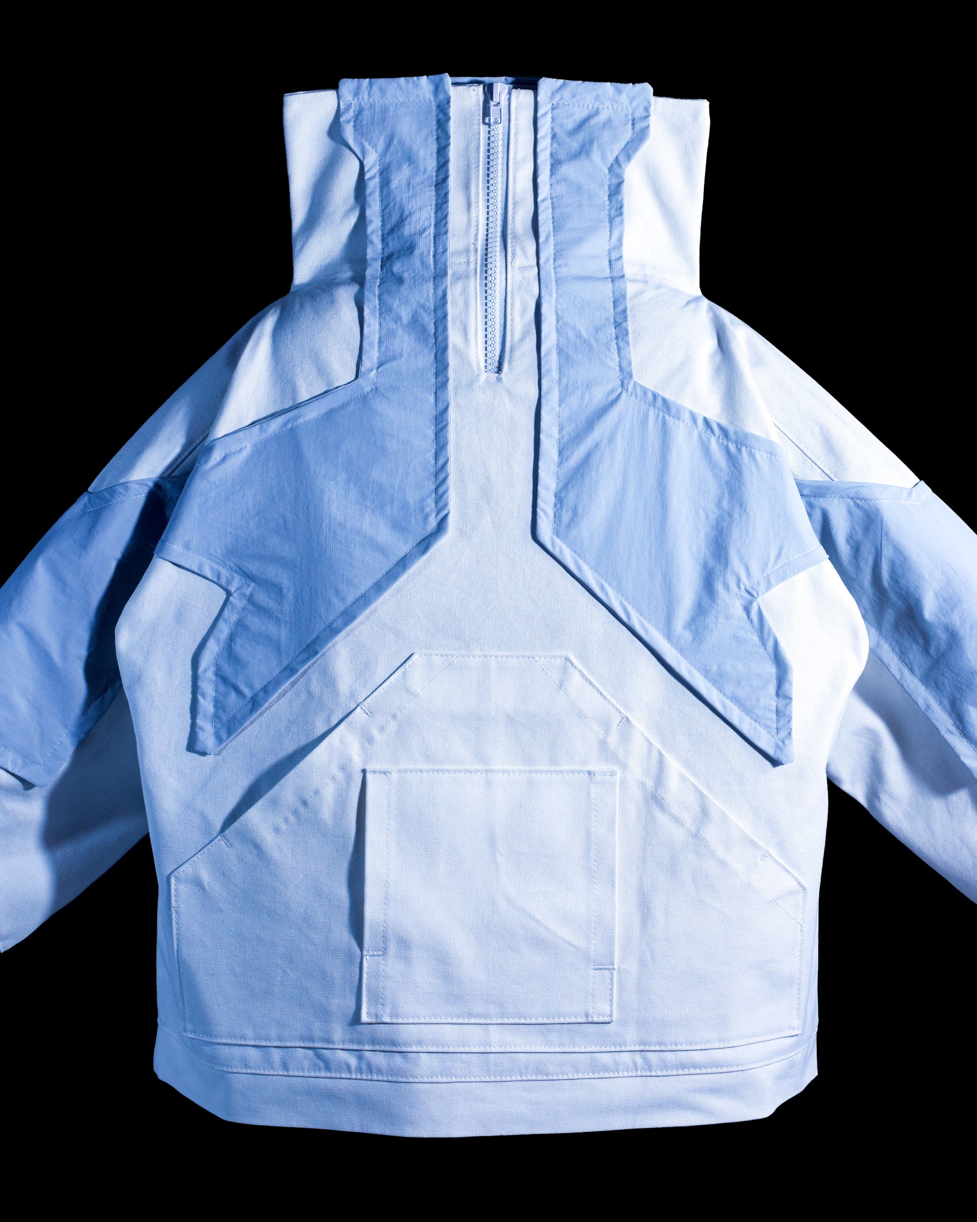 white ski ice planet sci-fi futuristic cyberpunk jacket, front close up view