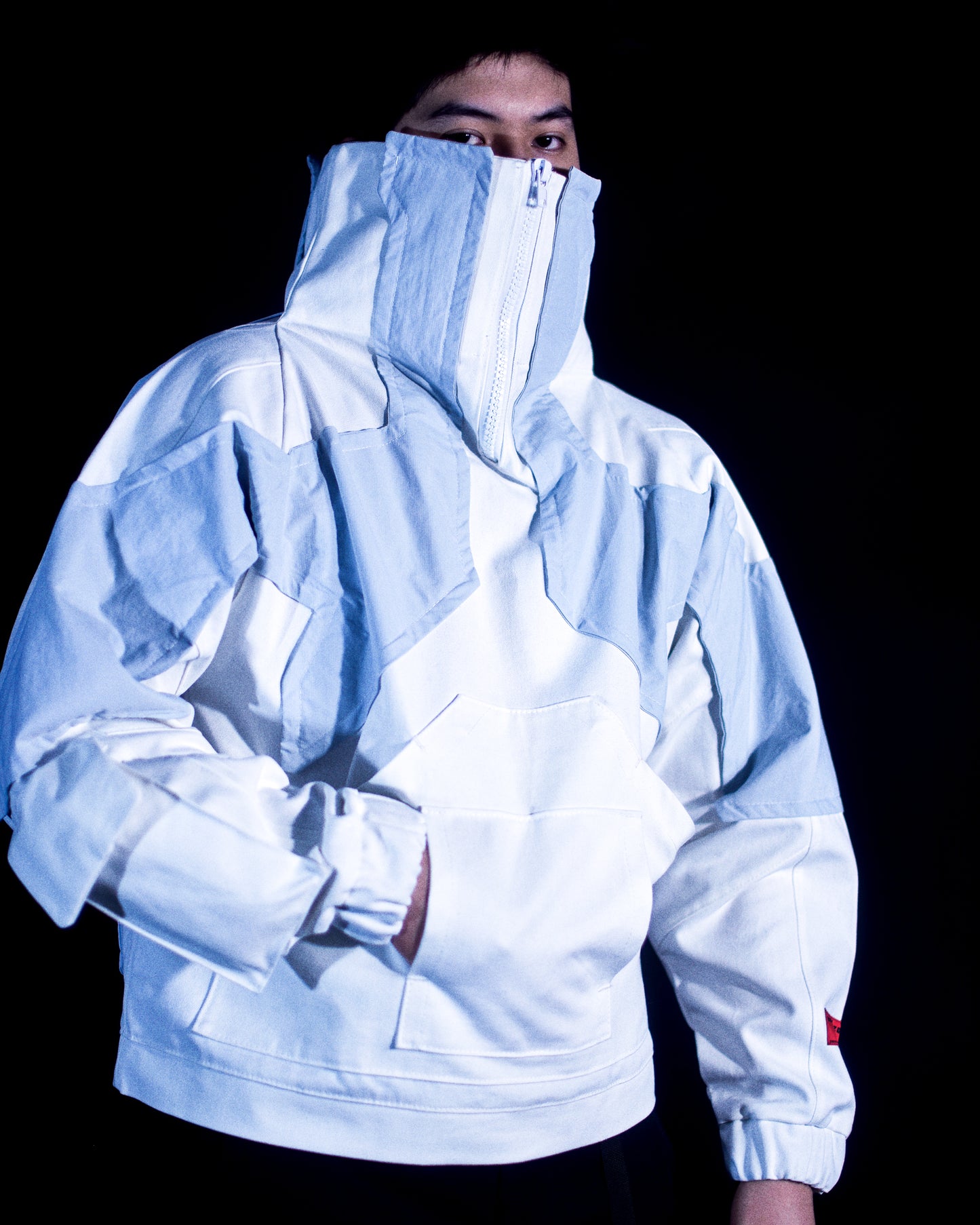 white ski ice planet sci-fi futuristic cyberpunk jacket, front model view