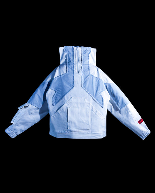 white ski ice planet sci-fi futuristic cyberpunk jacket, front view