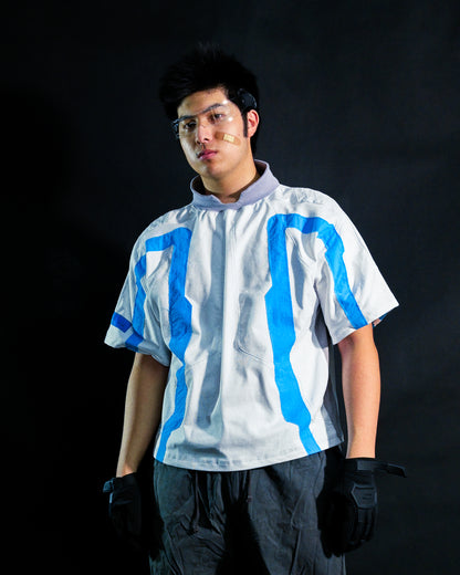 white spacepunk spaceship futuristic tee, front model view