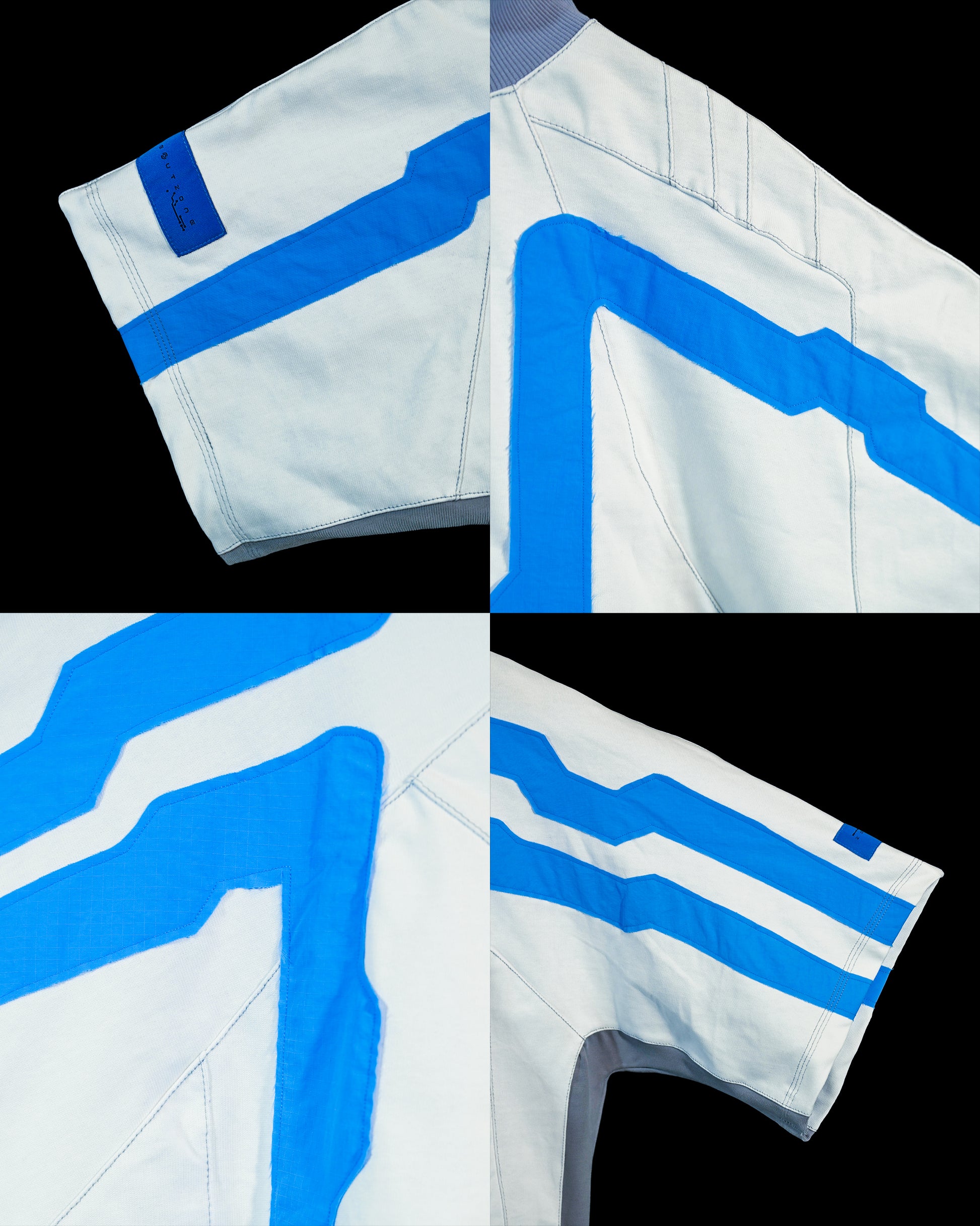 white spacepunk spaceship futuristic tee, stitching view