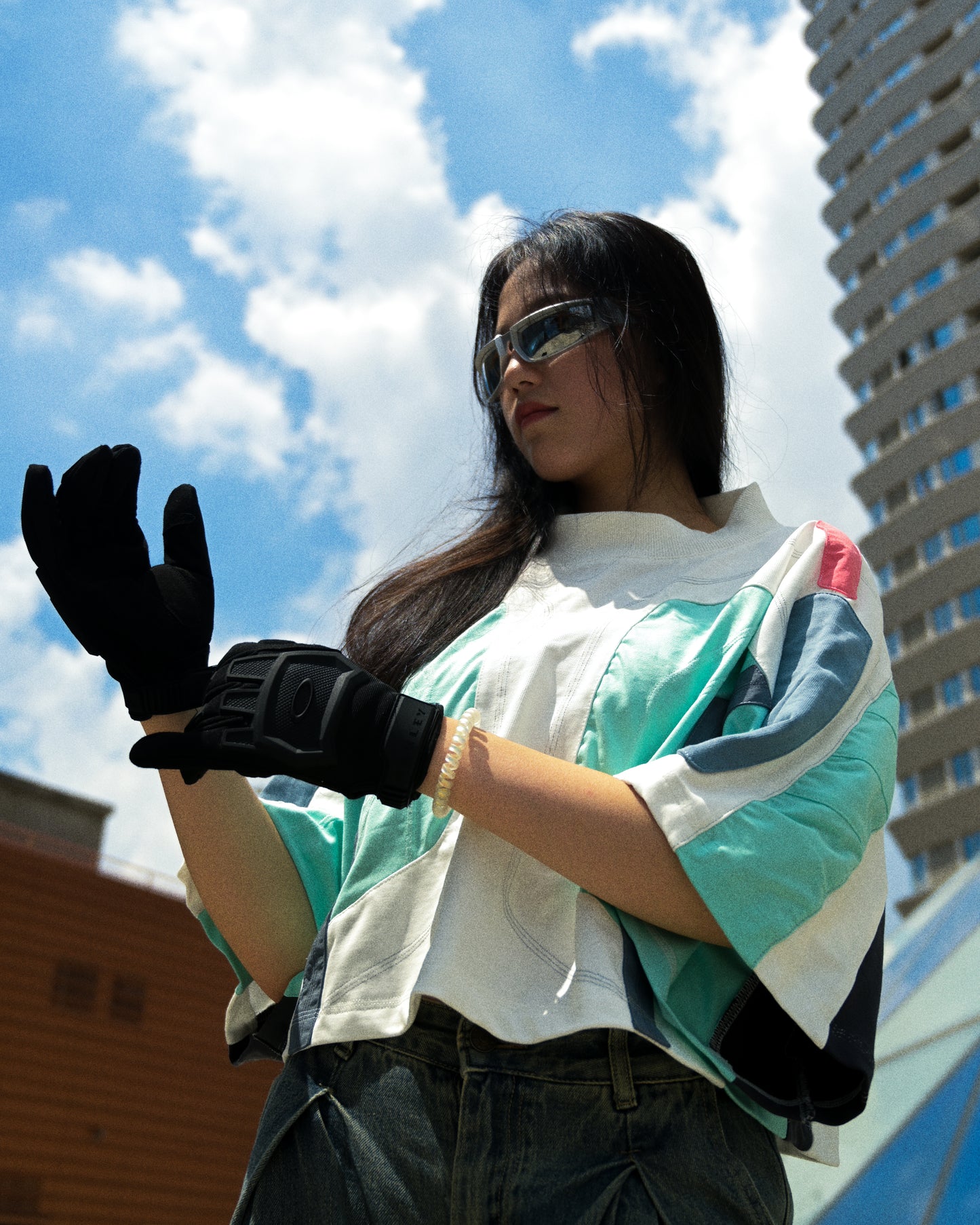 white turbo cyberpunk cropped womens tee, front model view