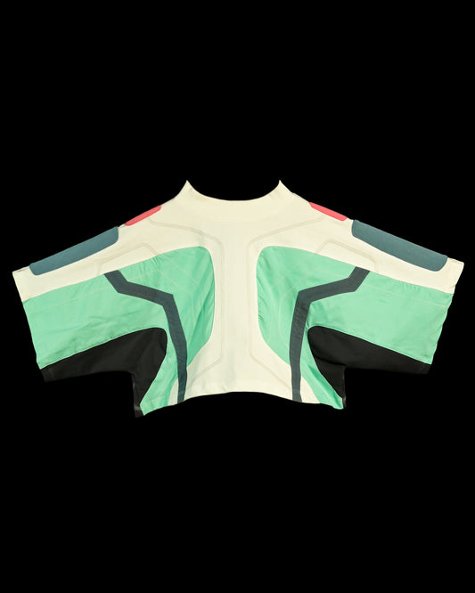 white turbo cyberpunk cropped womens tee, front view